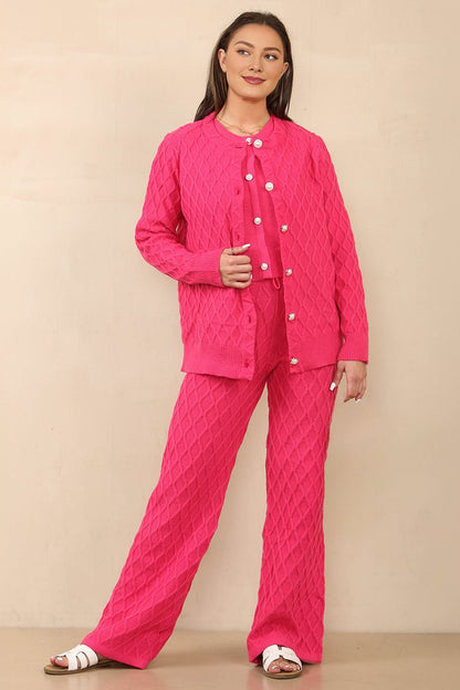 Casual Knit Textured Tank & Drawstring Trousers With Cardigan Set