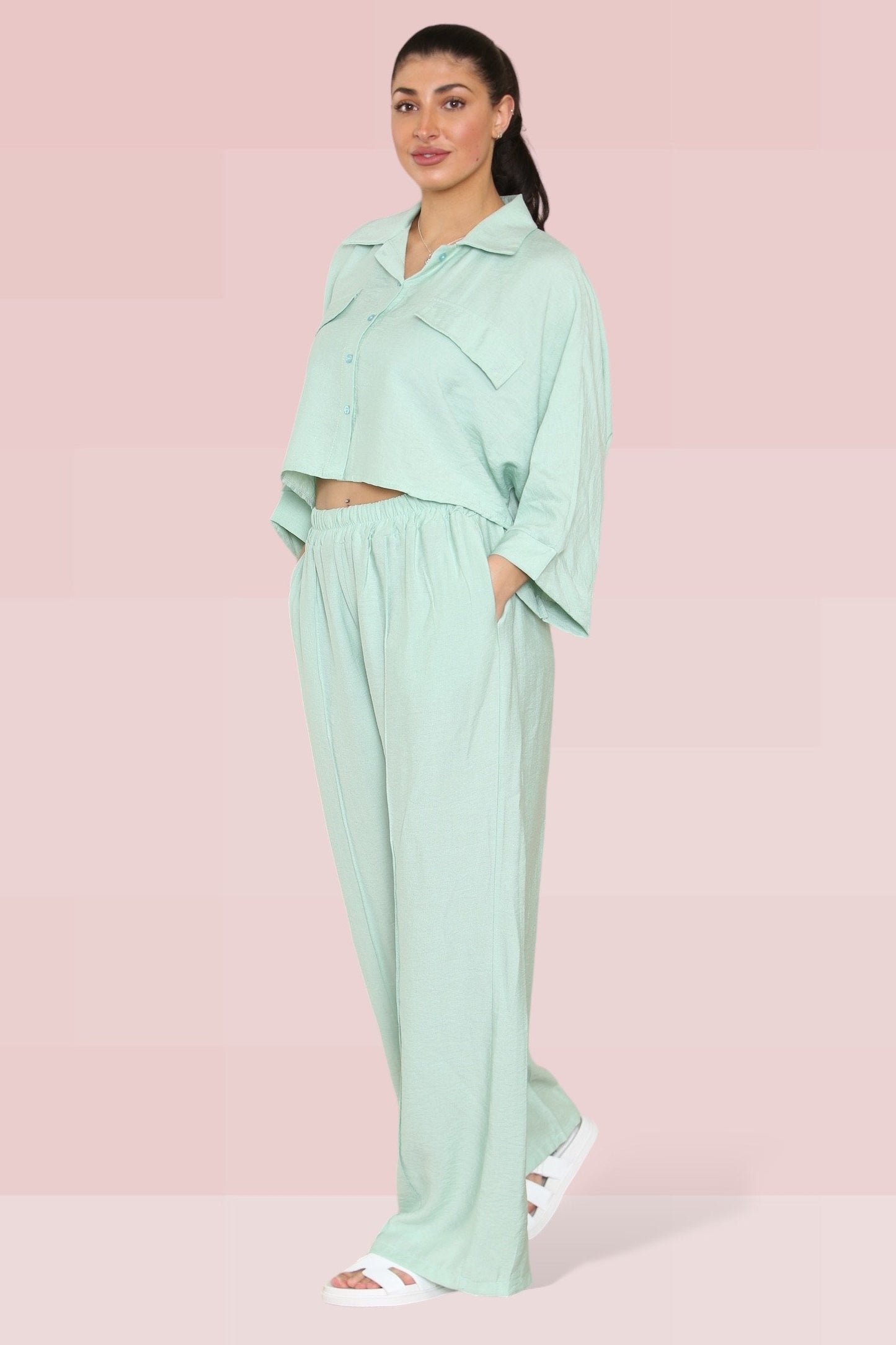 Versatile Long Sleeve Button Crop Shirt & Loose Trousers Co-ord