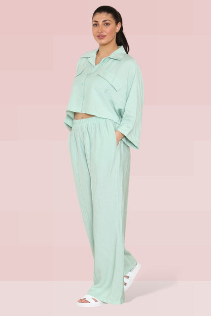 Versatile Long Sleeve Button Crop Shirt & Loose Trousers Co-ord
