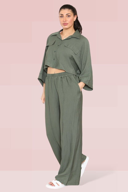 Versatile Long Sleeve Button Crop Shirt & Loose Trousers Co-ord