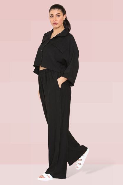 Versatile Long Sleeve Button Crop Shirt & Loose Trousers Co-ord