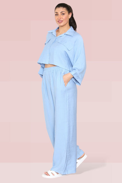 Versatile Long Sleeve Button Crop Shirt & Loose Trousers Co-ord