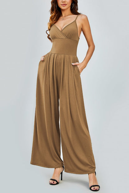 Elegant Spaghetti Strap Thin Waist Wide Leg Jumpsuit