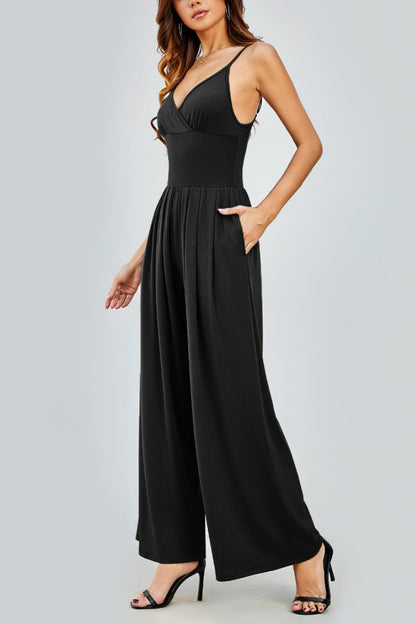 Elegant Spaghetti Strap Thin Waist Wide Leg Jumpsuit