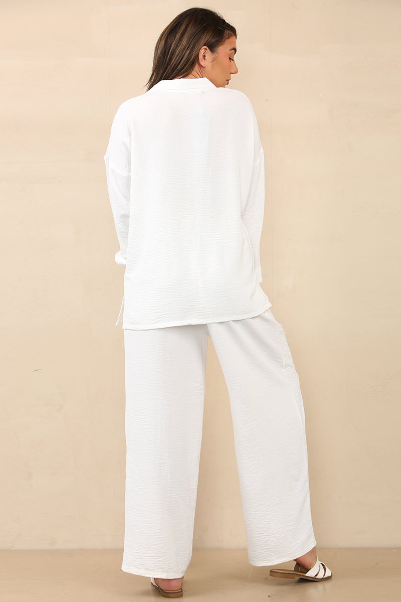 Casual Solid Flap Pocket Loose Shirt & Wide Leg Trousers Co-ord