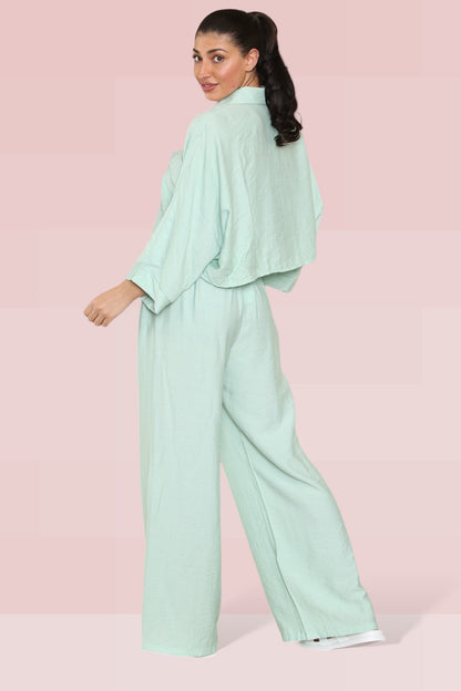 Versatile Long Sleeve Button Crop Shirt & Loose Trousers Co-ord