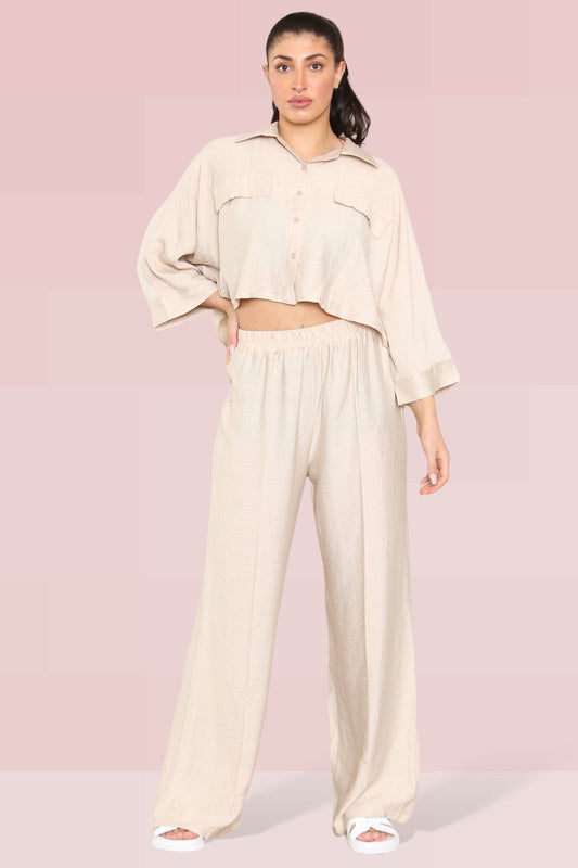 Versatile Long Sleeve Button Crop Shirt & Loose Trousers Co-ord