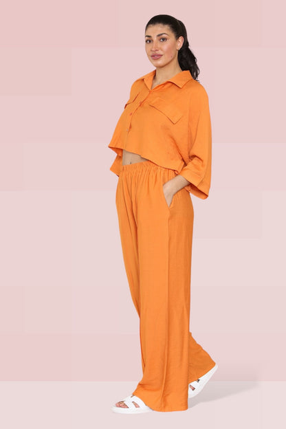 Versatile Long Sleeve Button Crop Shirt & Loose Trousers Co-ord