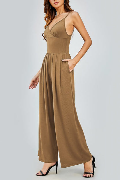 Elegant Spaghetti Strap Thin Waist Wide Leg Jumpsuit