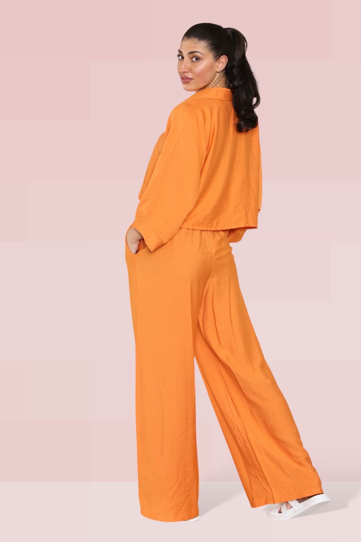Versatile Long Sleeve Button Crop Shirt & Loose Trousers Co-ord