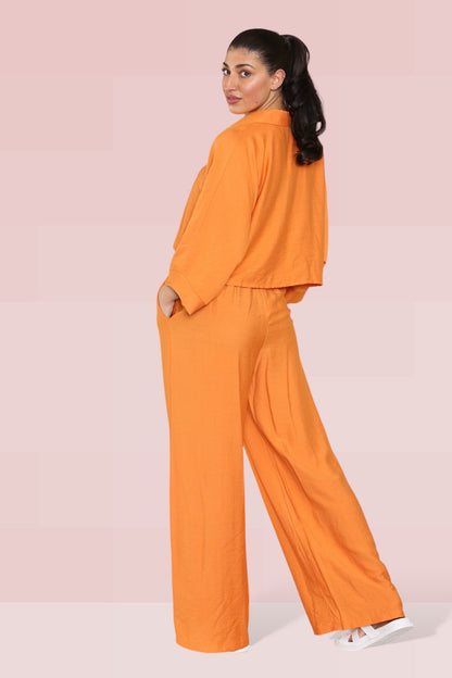 Versatile Long Sleeve Button Crop Shirt & Loose Trousers Co-ord