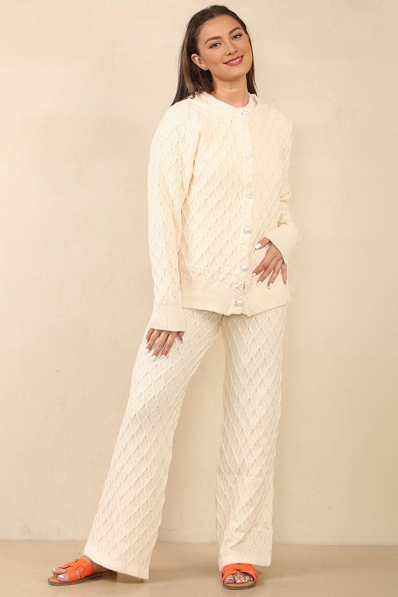 Casual Knit Textured Tank & Drawstring Trousers With Cardigan Set