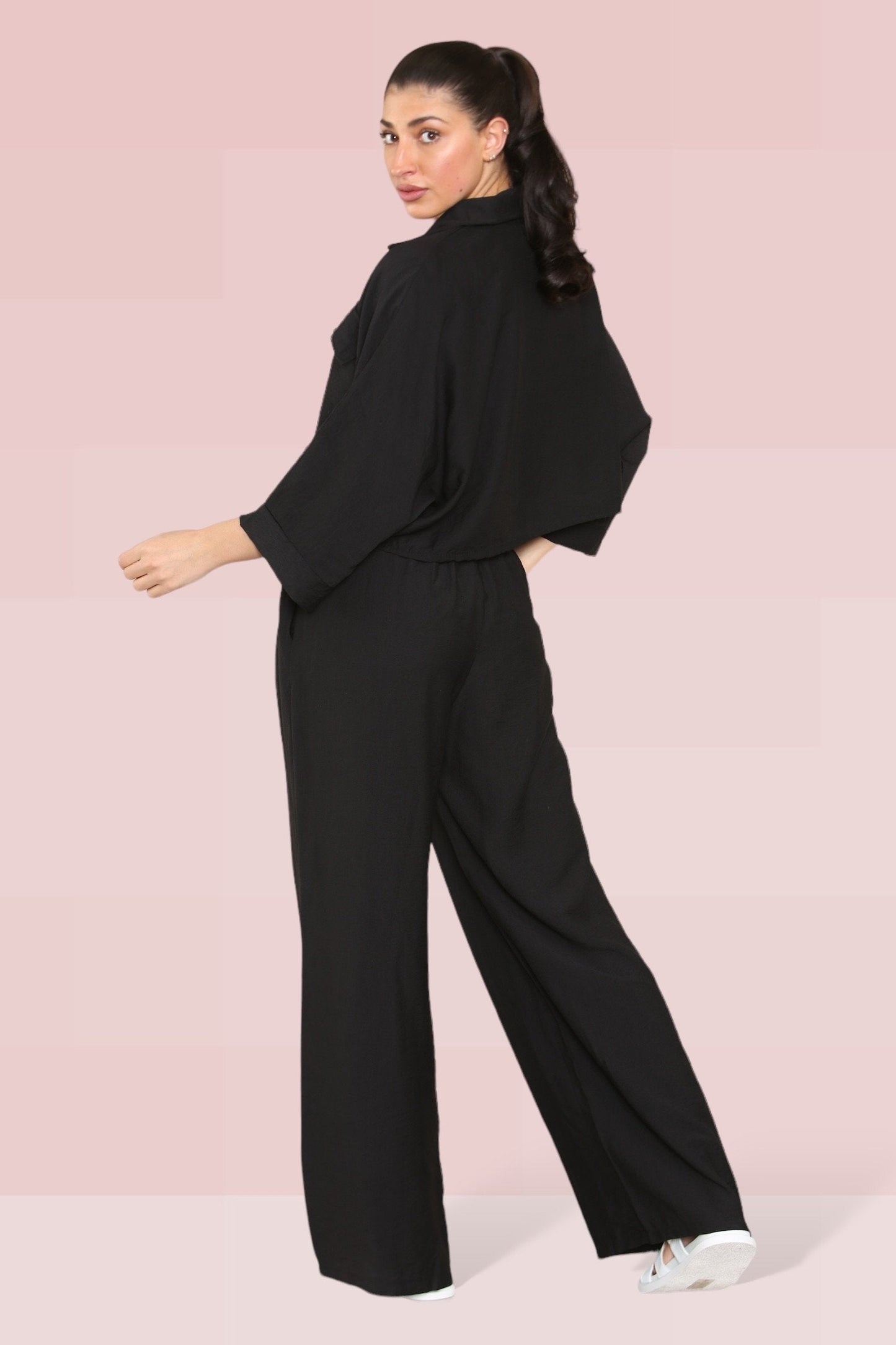Versatile Long Sleeve Button Crop Shirt & Loose Trousers Co-ord
