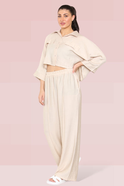 Versatile Long Sleeve Button Crop Shirt & Loose Trousers Co-ord