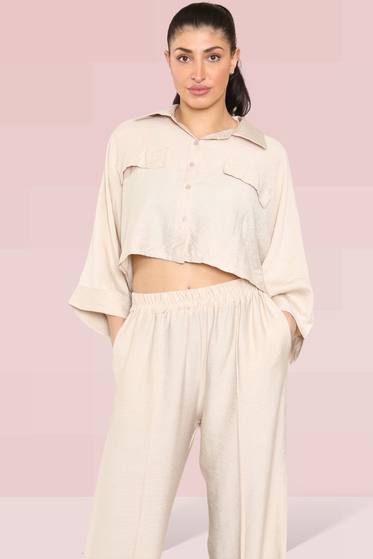 Versatile Long Sleeve Button Crop Shirt & Loose Trousers Co-ord