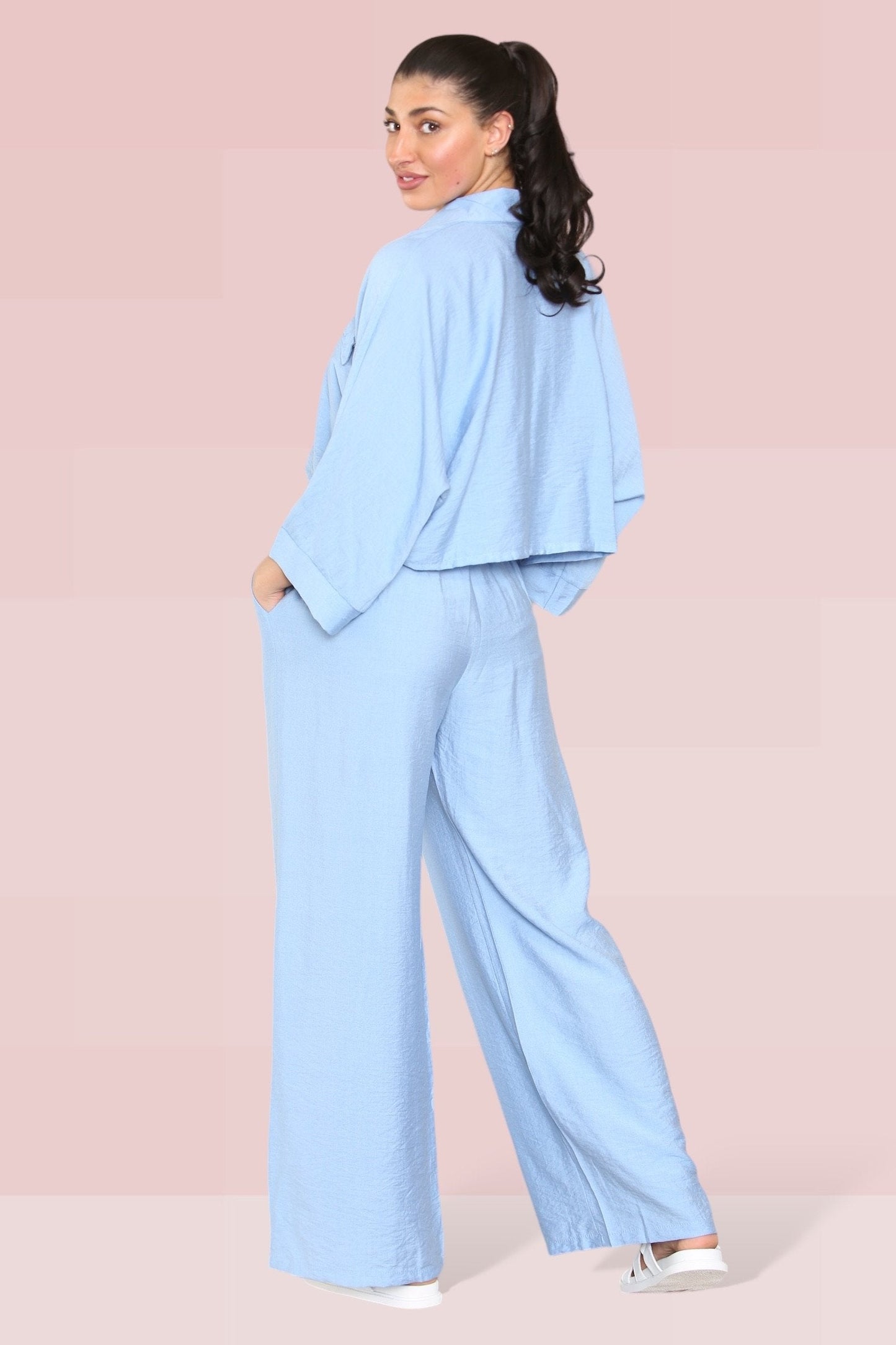 Versatile Long Sleeve Button Crop Shirt & Loose Trousers Co-ord