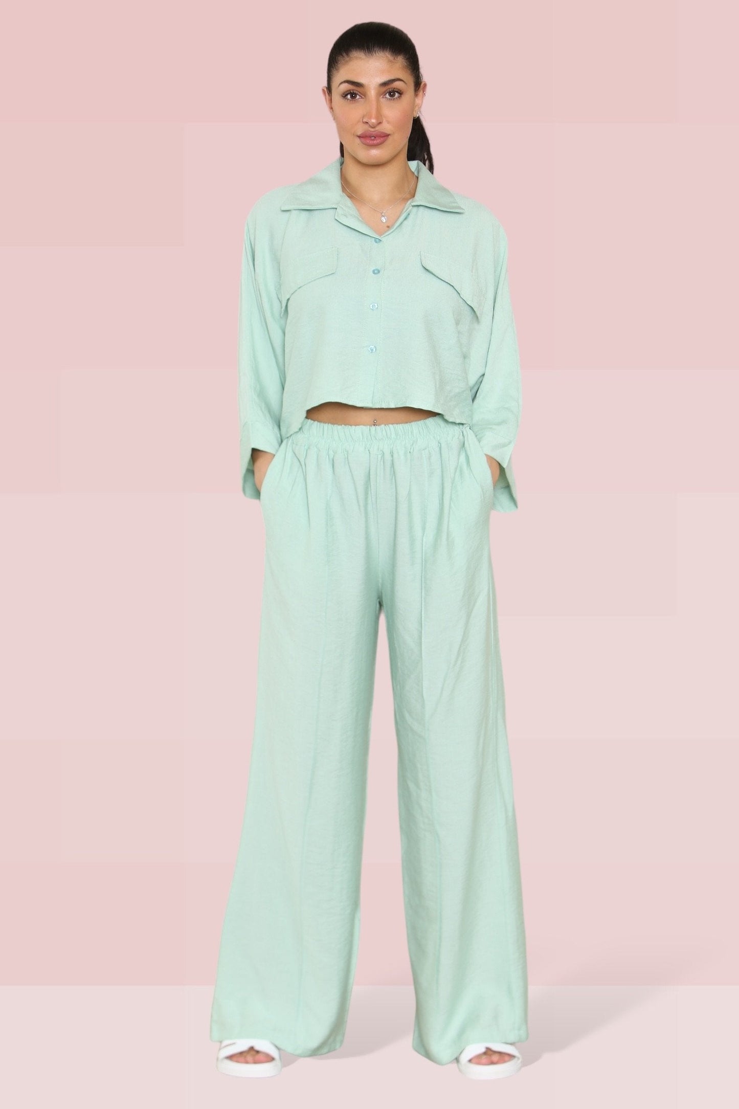 Versatile Long Sleeve Button Crop Shirt & Loose Trousers Co-ord