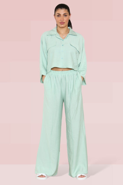 Versatile Long Sleeve Button Crop Shirt & Loose Trousers Co-ord