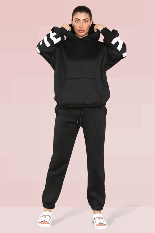 Casual Letter Printing Fleece Hoodie & Sweatpants Co-ord