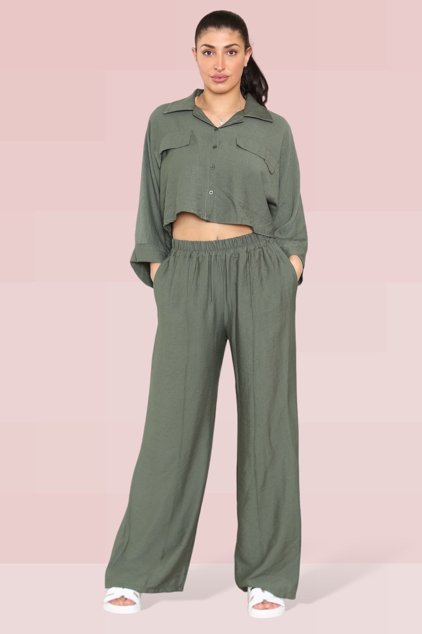 Versatile Long Sleeve Button Crop Shirt & Loose Trousers Co-ord